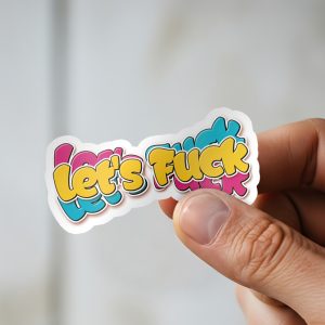 Man holding Let's Fuck couples adult humor sticker