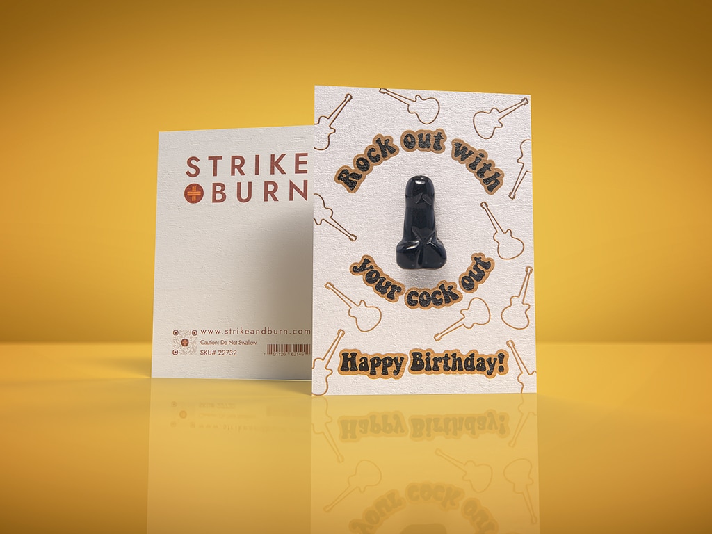 Rock Out With Your Cock Out Birthday Card, Removable Crystal Penis, Gold Foil Guitars, On Gold Background