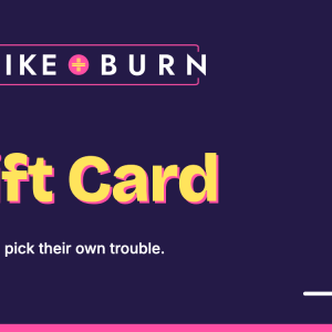 Strike + Burn gift card, plum design with yellow Gift Card headline