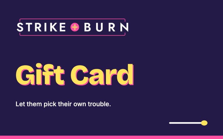 Strike + Burn gift card, plum design with yellow Gift Card headline