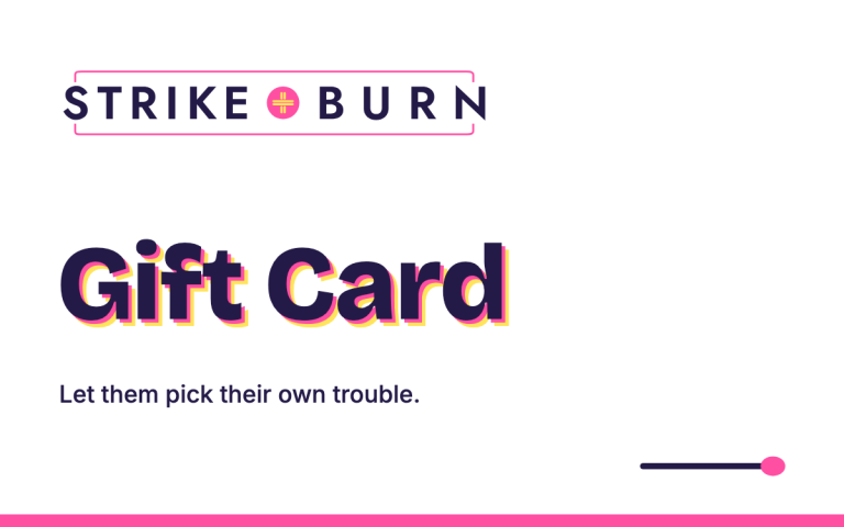 Strike + Burn gift card, white design with plum Gift Card headline